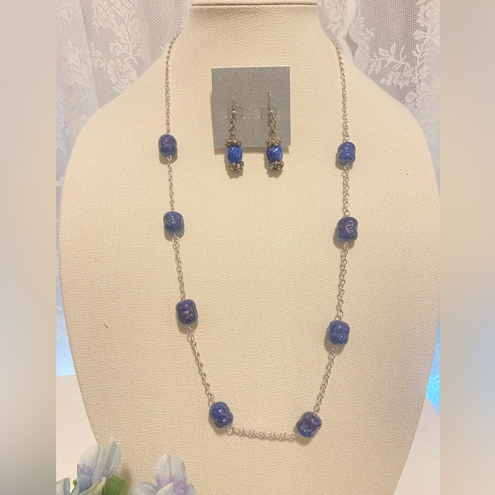 NOS D’Orlan 30” Chain & Earrings w/Blue & Gold “Lapis Lazuli“ Glass Beads; 1970s